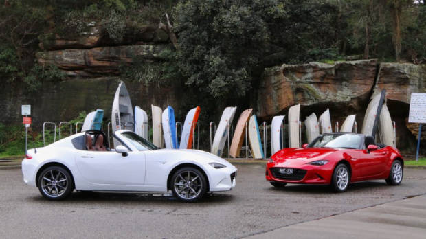 2017 Mazda MX-5 RF 2.0 GT Crystal White and 2017 Mazda MX-5 1.5 Roadster Soul Red