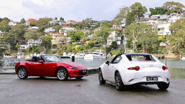 2017 Mazda MX-5 RF 2.0 GT Crystal White and 2017 Mazda MX-5 1.5 Roadster Soul Red