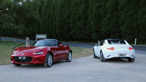 2017 Mazda MX-5 RF 2.0 GT Crystal White and 2017 Mazda MX-5 1.5 Roadster Soul Red