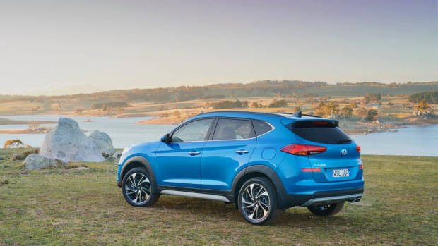 2019 Hyundai Tucson Highlander Aqua Blue close rear 3/4