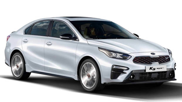 2019 Kia Cerato GT sedan white front 3/4