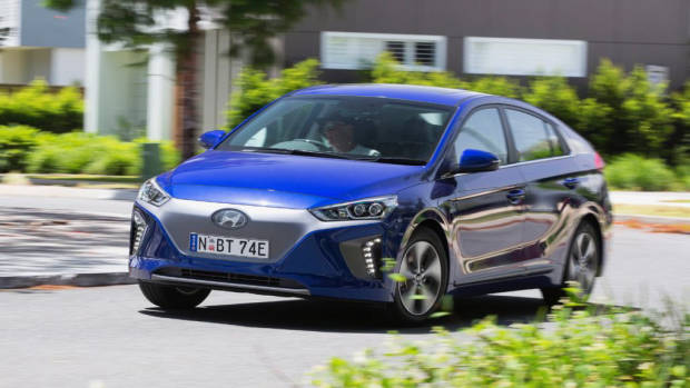 2019 Hyundai Ioniq Premium Electric blue front 3/4 driving