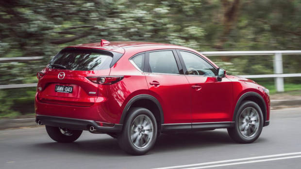 2019 Mazda CX-5 Akera Soul Red Crystal rear 3/4 driving