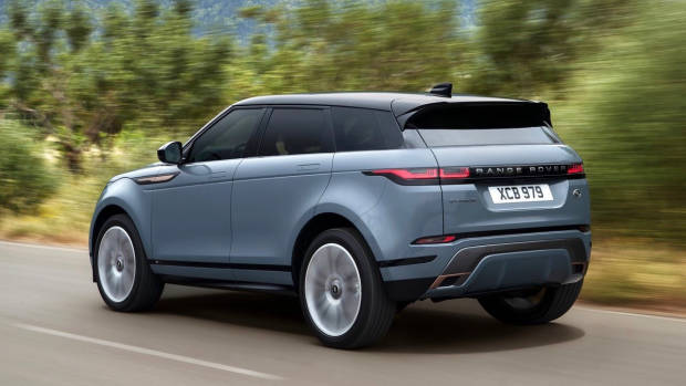 2019 Range Rover Evoque blue rear driving