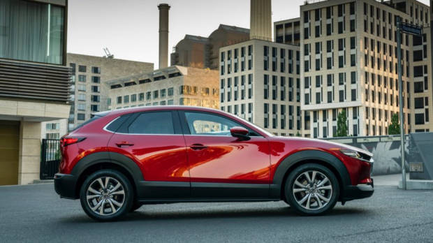 Mazda CX-30 side profile in Soul Red Crystal