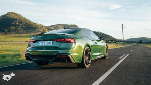 The 2021 Audi RS5 coupe pictured in Sonoma Green