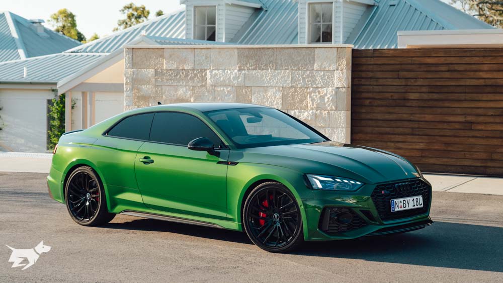The 2021 Audi RS5 coupe pictured in Sonoma Green