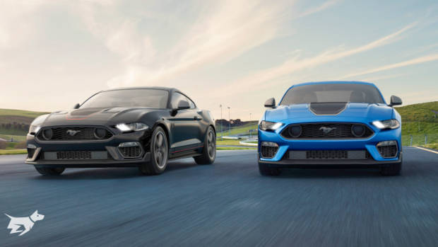 Blue 2021 Ford Mustang Mach 1 with black and white stripes