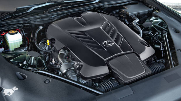 The 5.0L V8 engine of the 2021 Lexus LC 500 Convertible