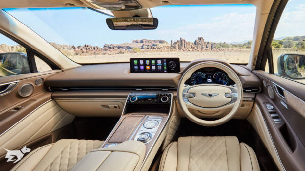 Tan leather interior in the 2021 Genesis GV80 with Luxury Package