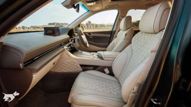 Tan leather interior in the 2021 Genesis GV80 with Luxury Package