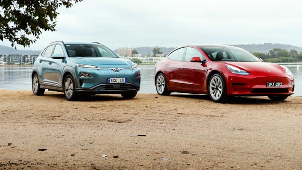 Tesla Model 3 and Hyundai Kona Electric 2021