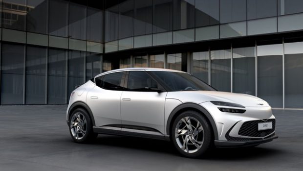 2022 Genesis GV60 white exterior front three quarter