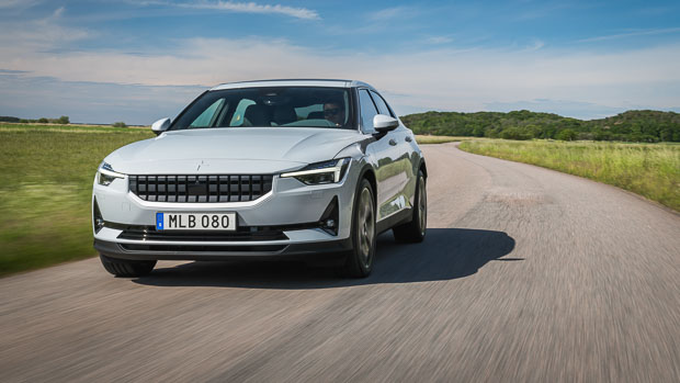 Polestar 2 2022 front driving road up close