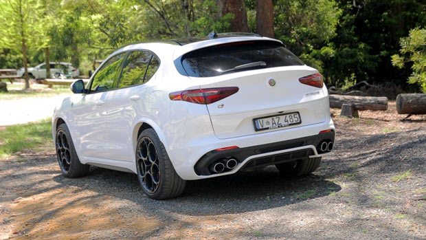 2021 Alfa Romeo Stelvio Quadrifoglio SUV exterior rear 3/4