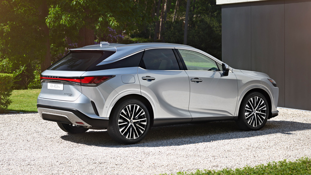 2022 Lexus RX 450h SUV blue - static rear 3/4 shot