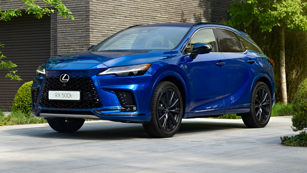 2022 Lexus RX 500h SUV blue - static front 3/4 shot