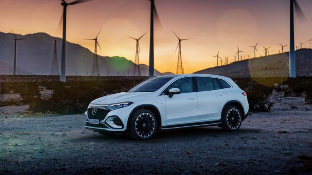 Mercedes-Benz EQS SUV white car sunset