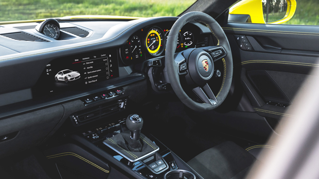 2022-Porsche-911-GTS-coupe-yellow---interior,-front-cabin