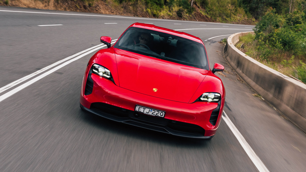 2022 Porsche Taycan GTS sedan red - dynamic front shot