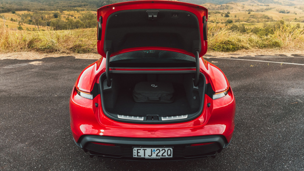 2022 Porsche Taycan GTS sedan red - boot space and portable EV chaarger