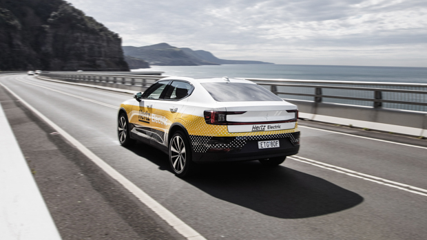 Polestar 2 2022 Hertz rear 3/4 driving 2