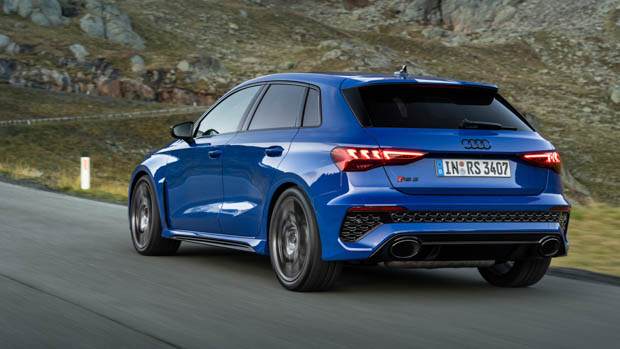 Audi RS3 performance edition 2023 on road rear view