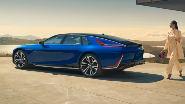 Cadillac Celestiq 2024 rear 3/4 with lady