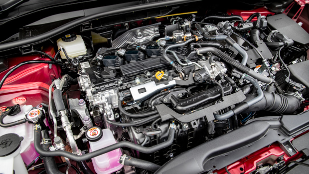 2023 Toyota Corolla Atmos Hybrid AWD wagon red exterior engine bay