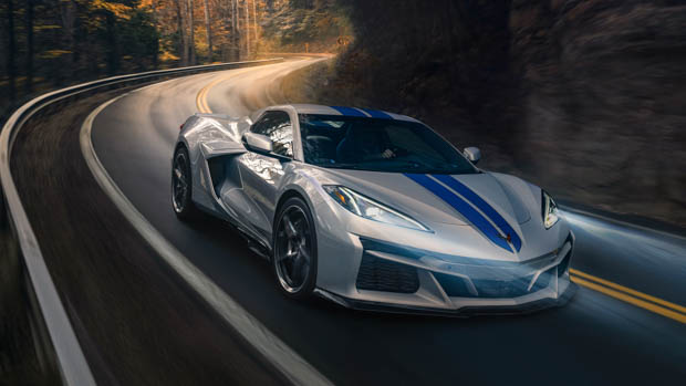 2023 Chevrolet Corvette E-Ray silver light on driving