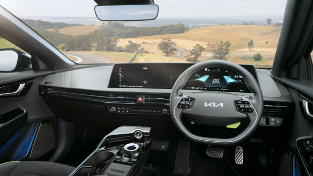 2023 Kia EV6 GT front seat view with steering wheel and screens