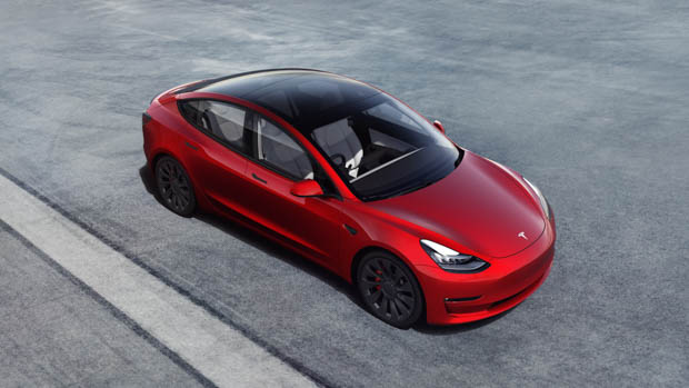 Tesla Model 3 red top down static