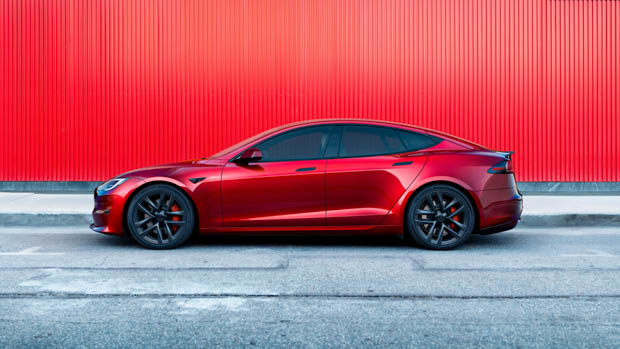 Tesla Model S Plaid side angle red