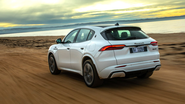 2024 Maserati Grecale Folgore rear beach driving 3/4