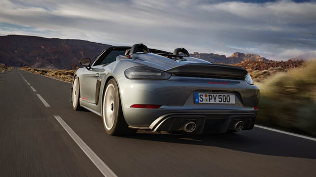 2023 Porsche 718 Spyder RS rear end driving shot
