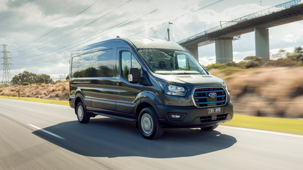Ford E-Transit 2023 front driving highway