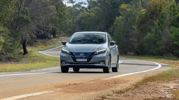 Nissan Leaf E+ 2023 driving front 3/4 3