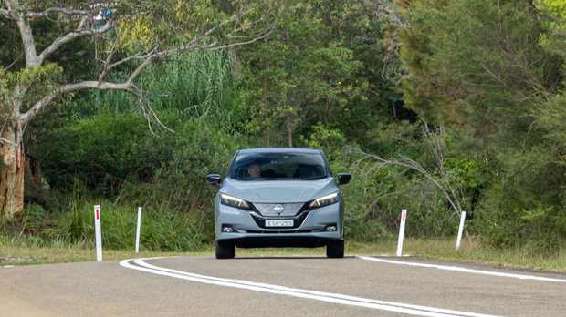 Nissan Leaf E+ 2023 driving front 3/4 far
