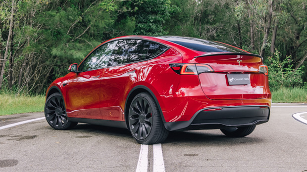 2023 Tesla Model Y Performance red rear 3/4