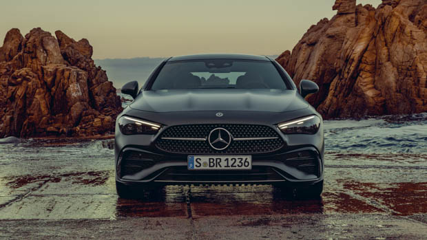 2024 Mercedes-Benz CLE-Class front-end profile by the water and rocks