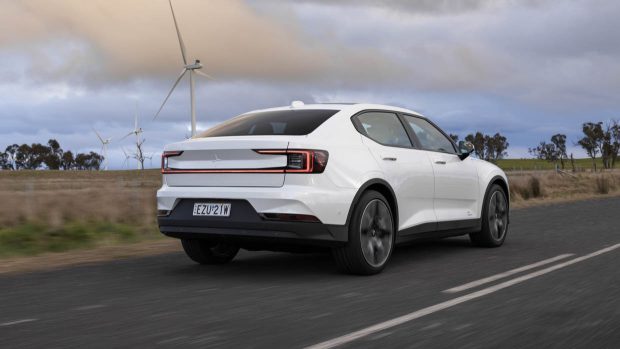 MY24 Polestar 2 long range dual motor driving shot rear 3/4
