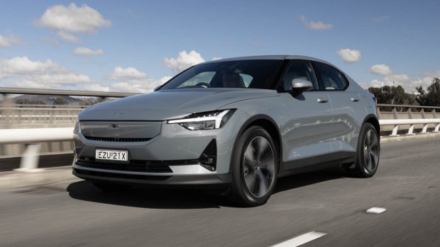 MY24 Polestar 2 long range single motor driving shot front 3/4