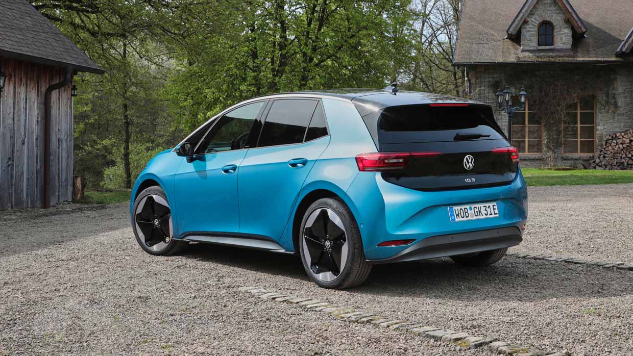Rear left three quarter view of a 2024 Volkswagen ID3 hatch