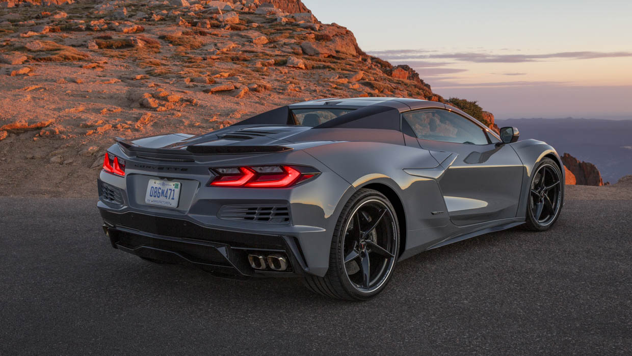 2024 Chevrolet Corvette E-Ray gray rear 3/4 static