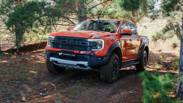 2023 Ford Ranger Raptor in code orange with a shadowy leather-basically based interior