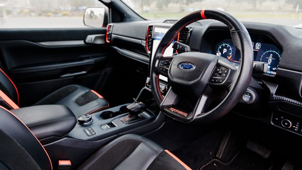 2023 Ford Ranger Raptor in code orange with a black leather interior