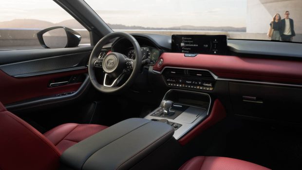 2024 Mazda CX-70 burgundy interior with steering wheel and hide