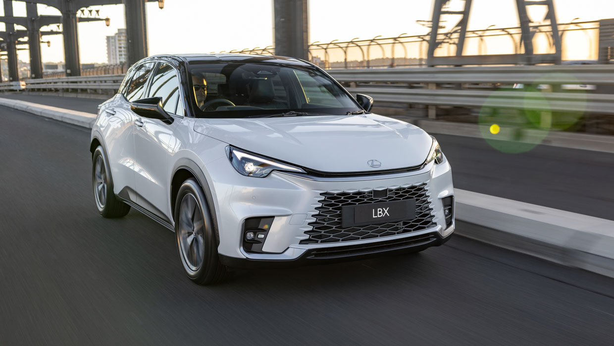 Lexus LBX 2024 driving front 3/4 2