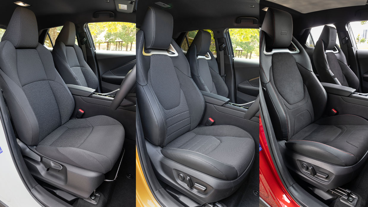 Toyota C-HR 2024 seats. L to R, GXL, Koba, GR Sport