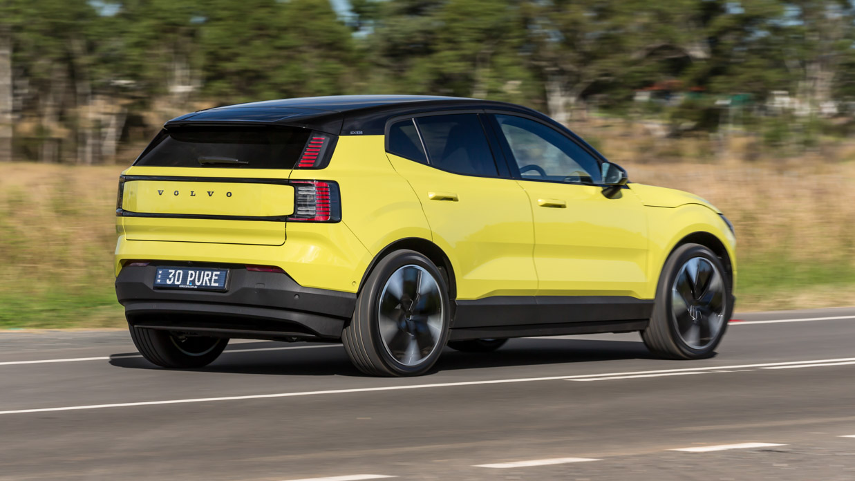 2024 Volvo EX30 yellow rear 3/4 shot